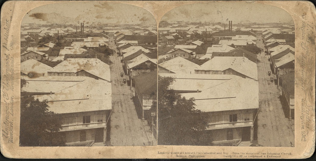 Looking westward toward the Cathedral and Bay, – from the from the steeple of San Sebastian Church, Manila, Philippines.