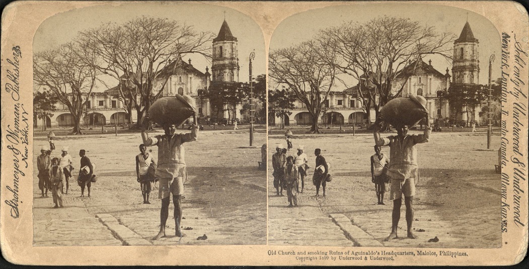 Old Church and smoking Ruins of Aguinaldo’s Headquarters, Malolos, Philippines.