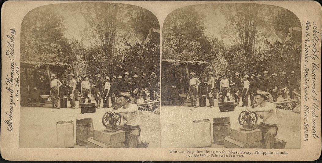 The 14th Regulars lining up for Mess, Pasay, Philippine Islands.
