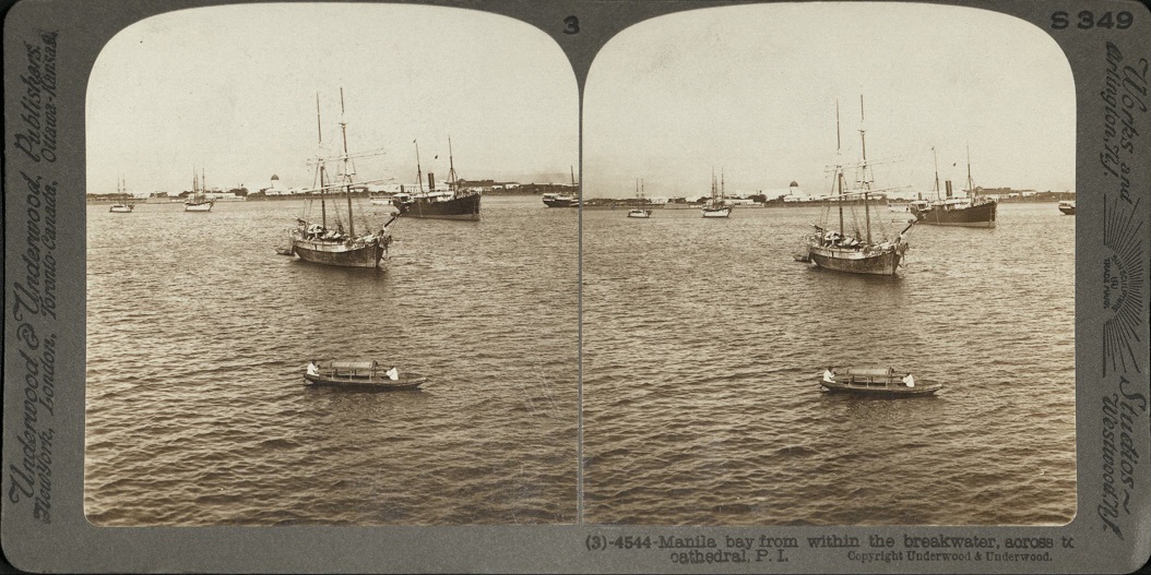 Manila bay from within the breakwater, across to cathedral, P. I.
