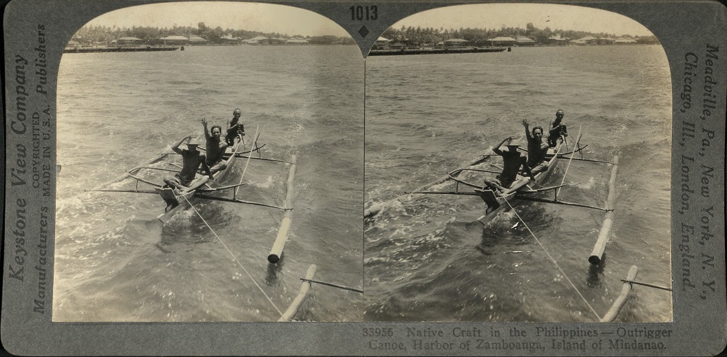 Native Craft in the Philippines – Outrigger Canoe, Harbor of Zamboanga, Island of Mindanao.