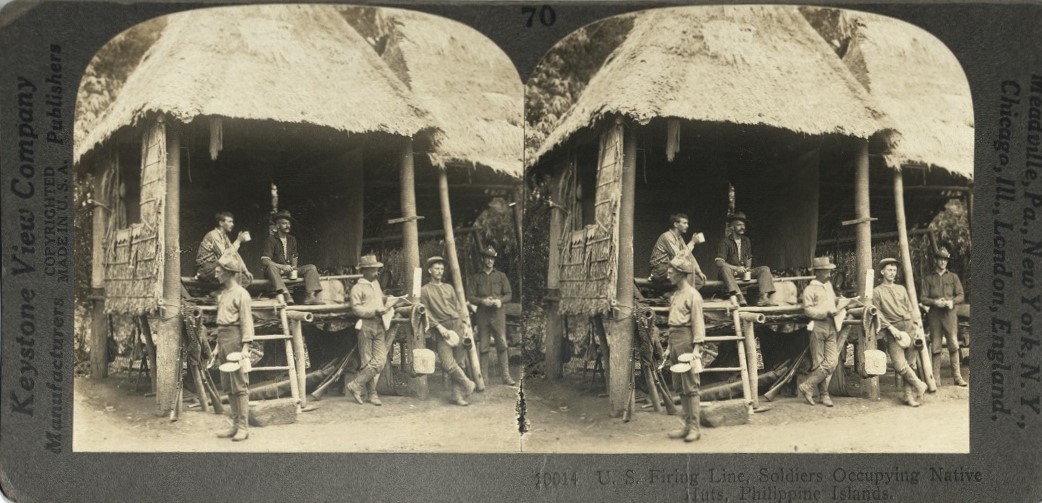 U. S. Firing Line, Soldiers Occupying Native Huts, Philippine Islands.