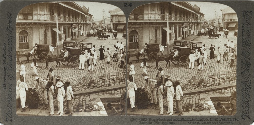 Rosario street and Binondo Church, from Pasig river, Manila, Philippines.