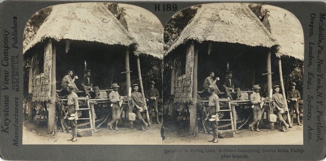 U. S. Firing Line, Soldiers Occupying Native Huts, Philippine Islands.